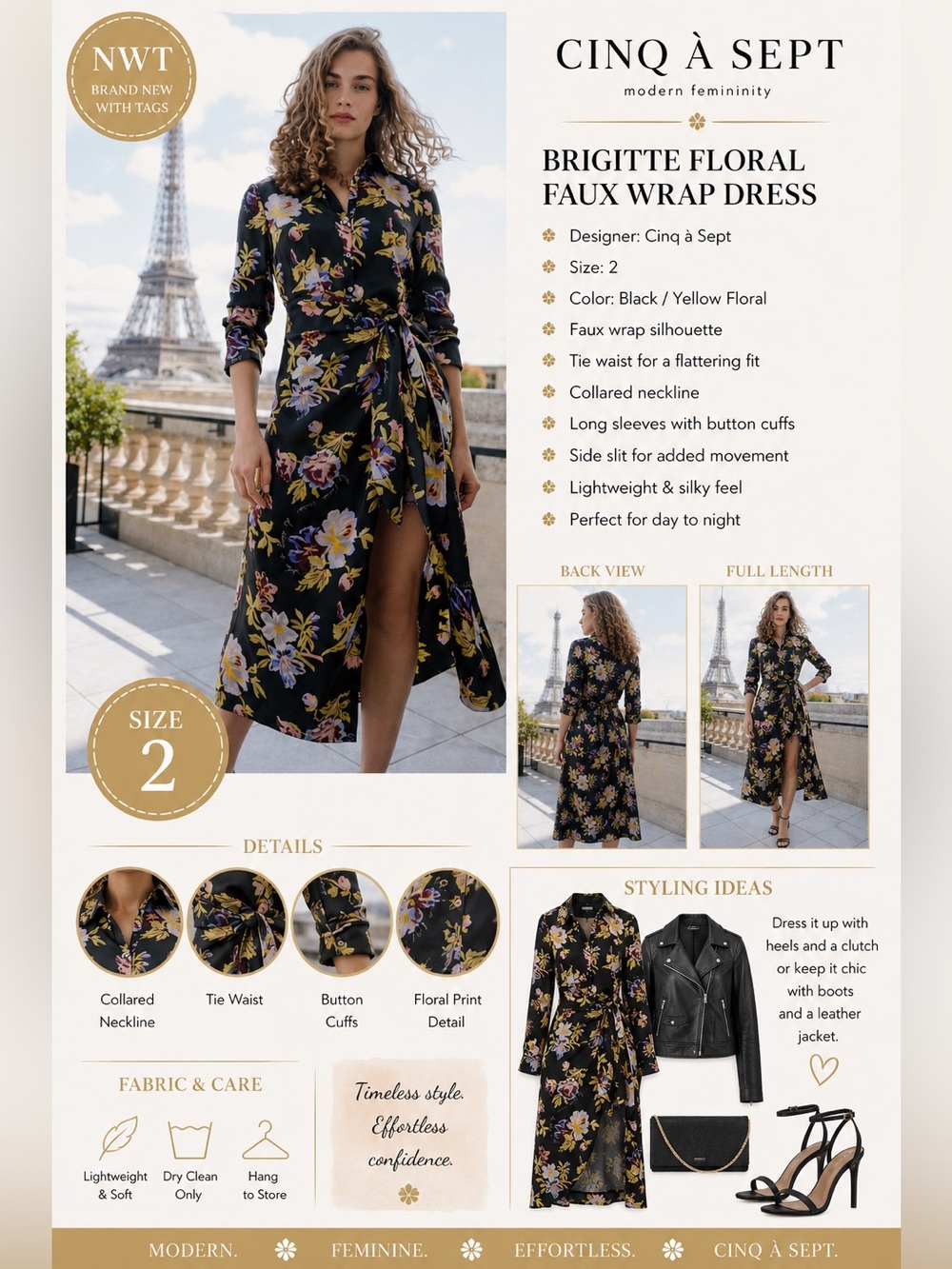NWOT 5 a7 cinq a sept BRIGITTE BLACK YELLOW FLORAL JACEY FAUX WRAP DRESS SZ 2 - Picture 7 of 7